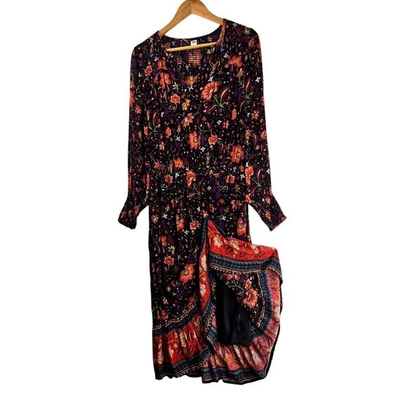 Old Navy Boho Midi Dress M Black Floral Hippie Peasant Cottage Rayon Lined - Picture 2 of 14